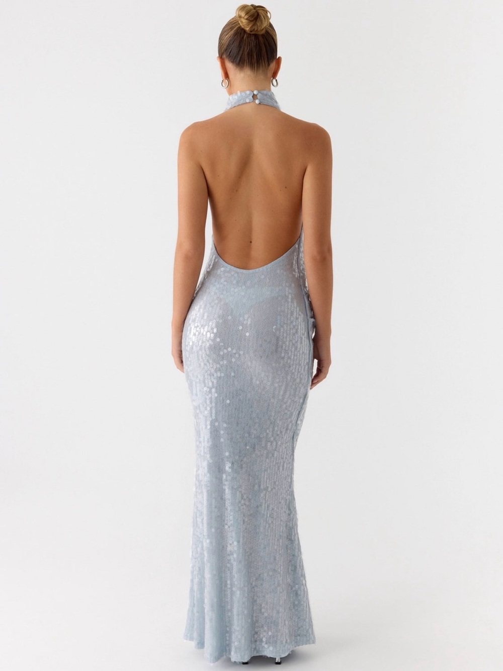 NWT Peppermayo Blue Silver Sequin Halter Backless Maxi Dress Cowl Neck Size 6 - Picture 4 of 6